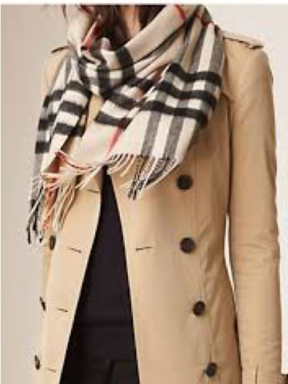 Burberry Beige, Black and White Check Scarf with Fringe